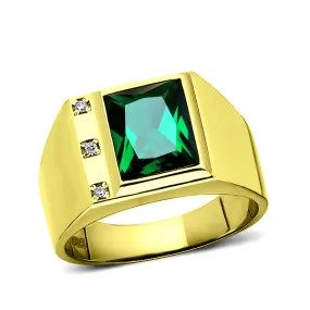 3 Diamond Accents 18K Gold Plated on 925 Solid Silver Mens Green Emerald Ring