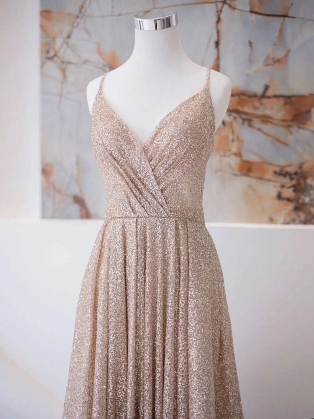 A Line V Neck Champagne Long Prom Dresses, Shiny Tulle Champagne Evening Dress