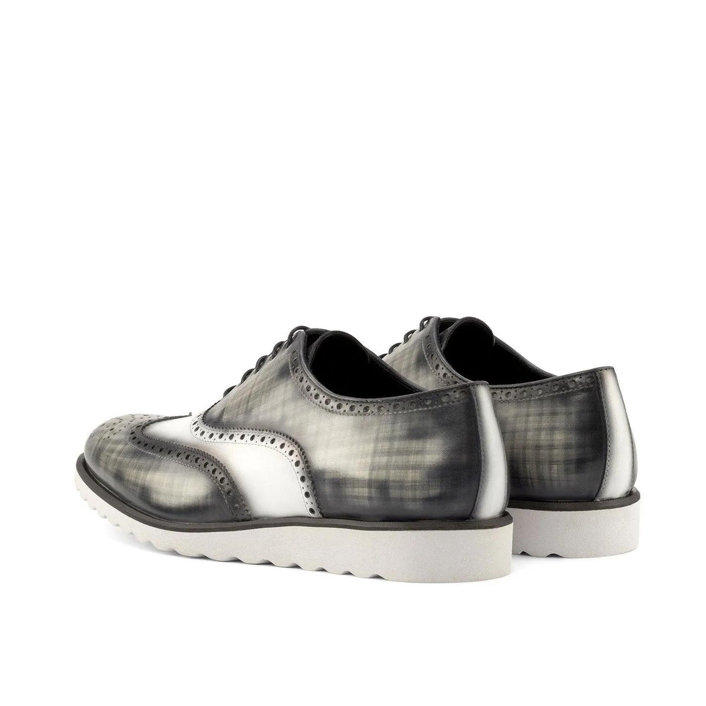 Ambrogio Bespoke Custom Men's Shoes White & Gray Patina / Calf-Skin Leather Full Brogue Oxfords (AMB2225)