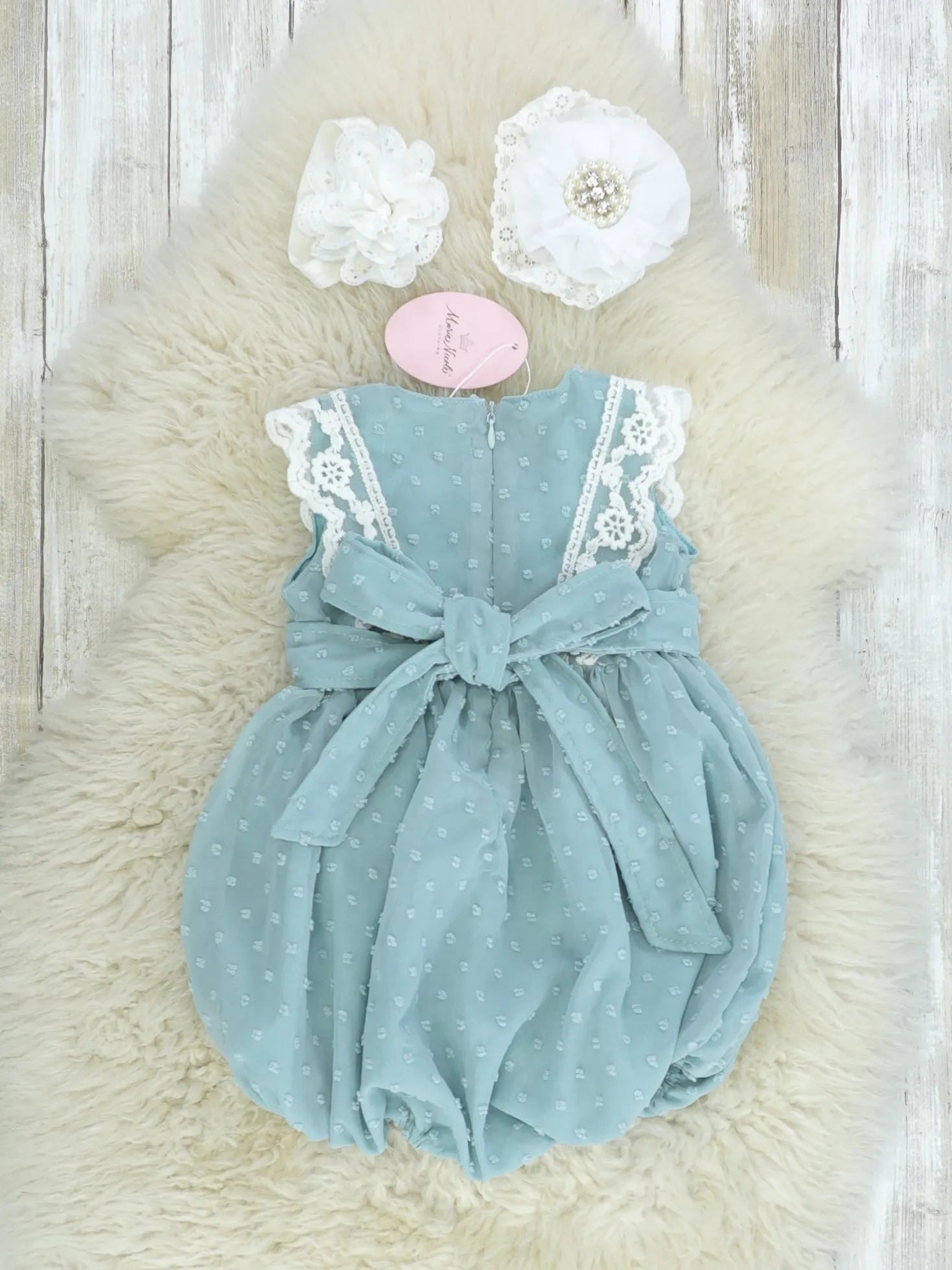 Ash Blue Lace Swiss Dot Bubble Romper