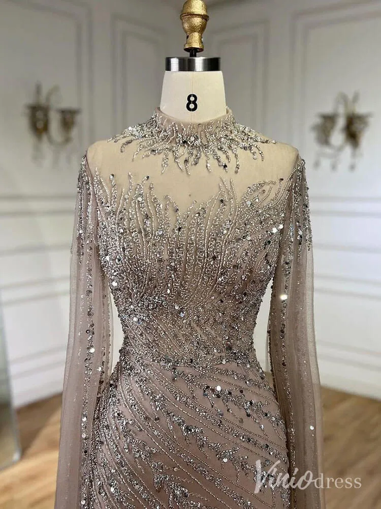 Beaded Lace Sheath Prom Dresses Extra Long Sleeve High Neck Mother of the Bride Dress AD1230