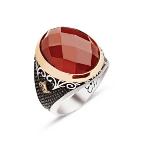 Facet Cut Red Zircone Stone Ellipse Silver Men’s Ring Siding Bush Pattern and Dimond Pattern and Ottoman Tughra