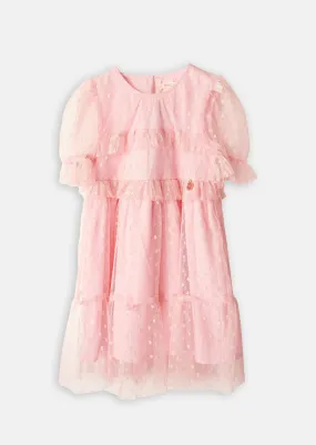 Girls Pink Spot Printed Mesh Dress