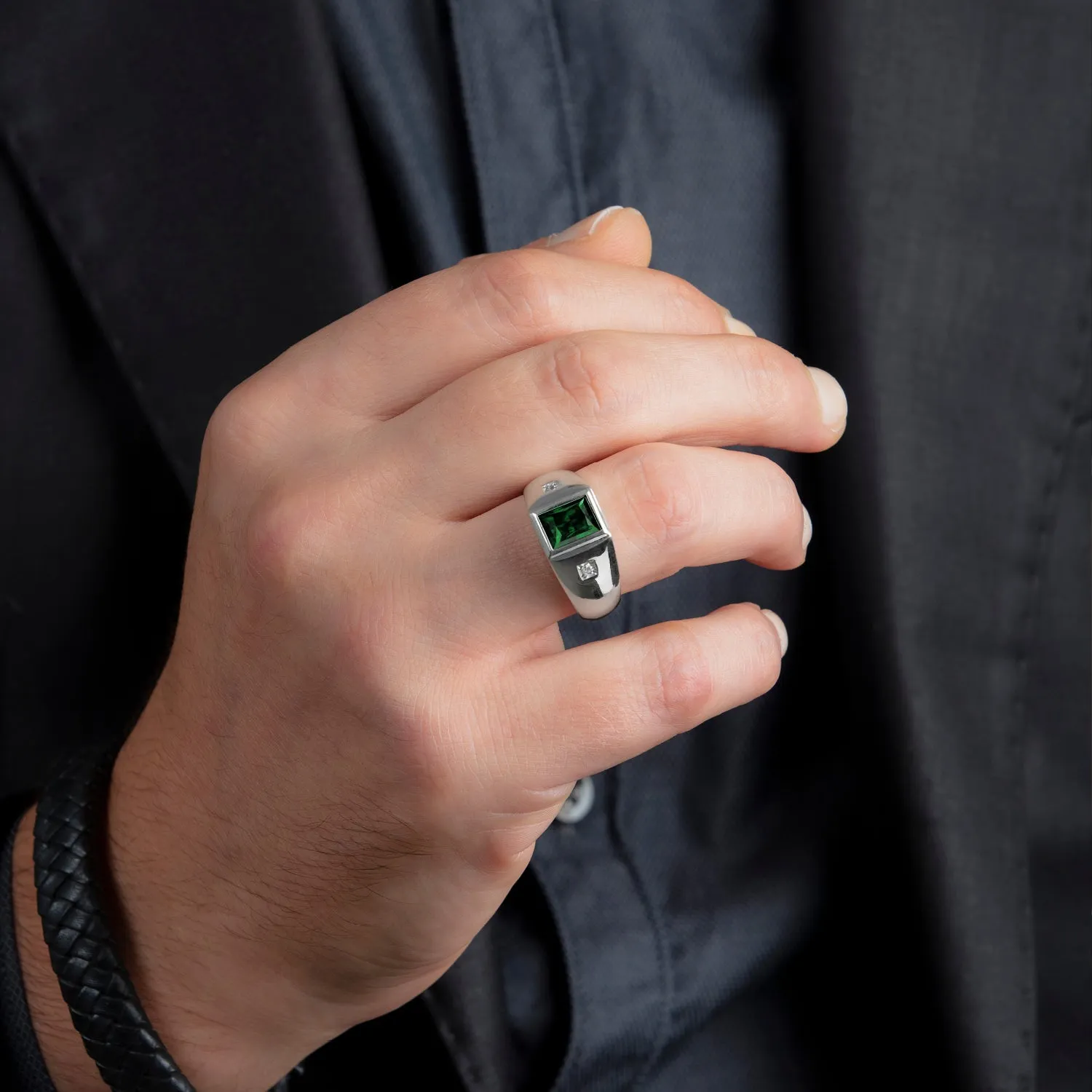 Green Stone Gents Ring in Solid 10K White Gold with Natural DIAMONDS Modern Men's Jewelry