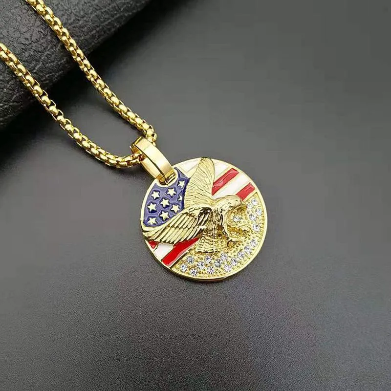 Iced Round Eagle＆Flag Enamel Pendant