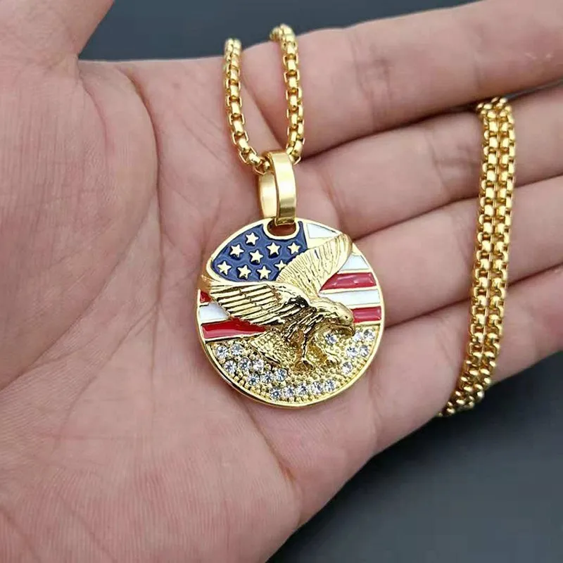 Iced Round Eagle＆Flag Enamel Pendant