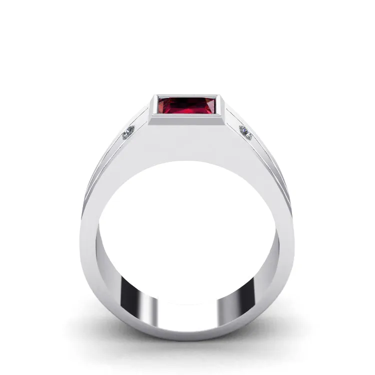 Men's Red Stone Ring SOLID 10k White Gold and 2 Real Diamonds Personalized Wedding Band