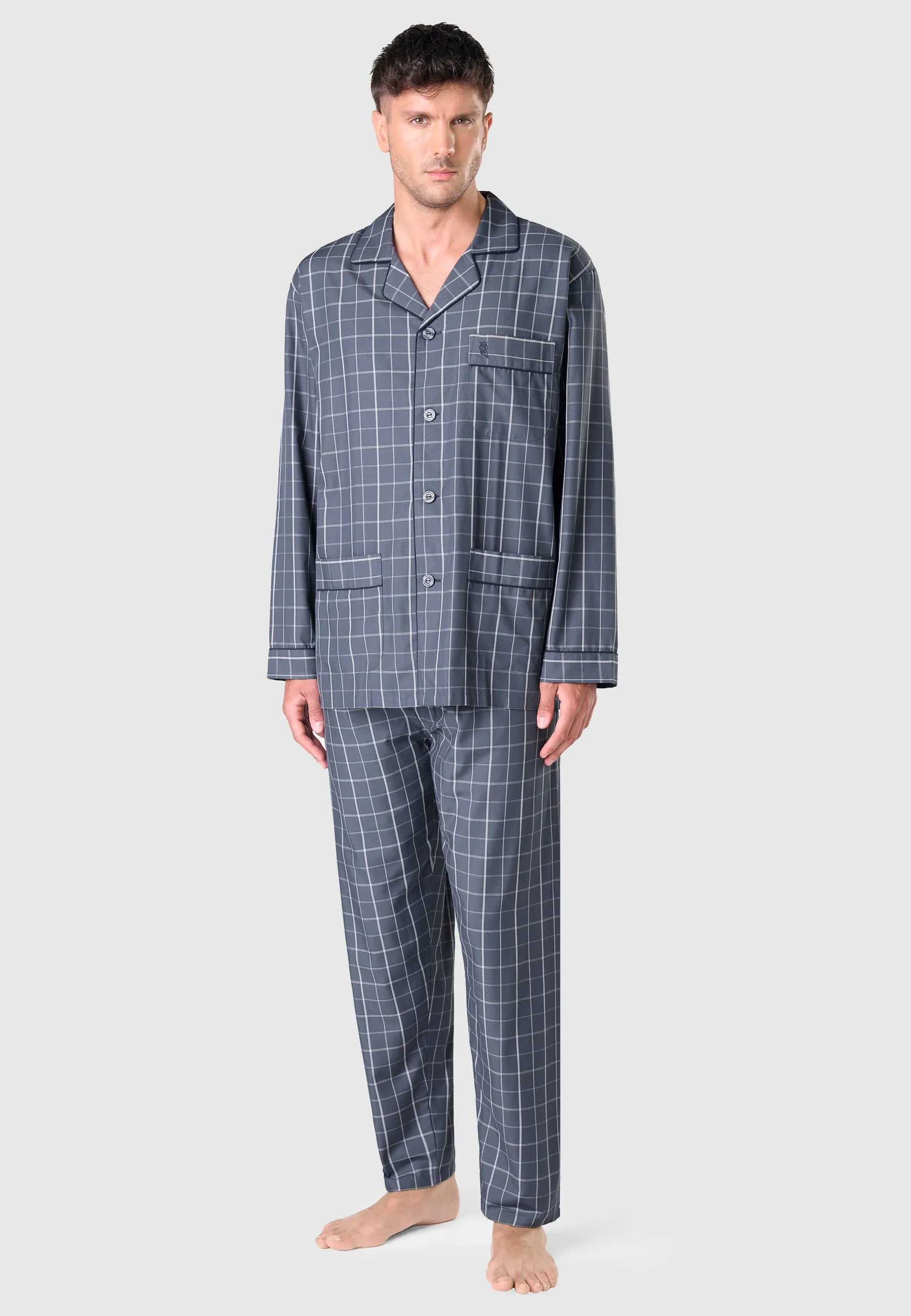 Pijama Hombre Largo Solapa Popelín Cuadros - Gris 2984_22