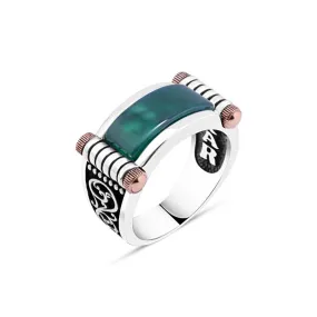 Rectangular Curved Green Agate Stone with Silver Cylinder Silver Men's Ring