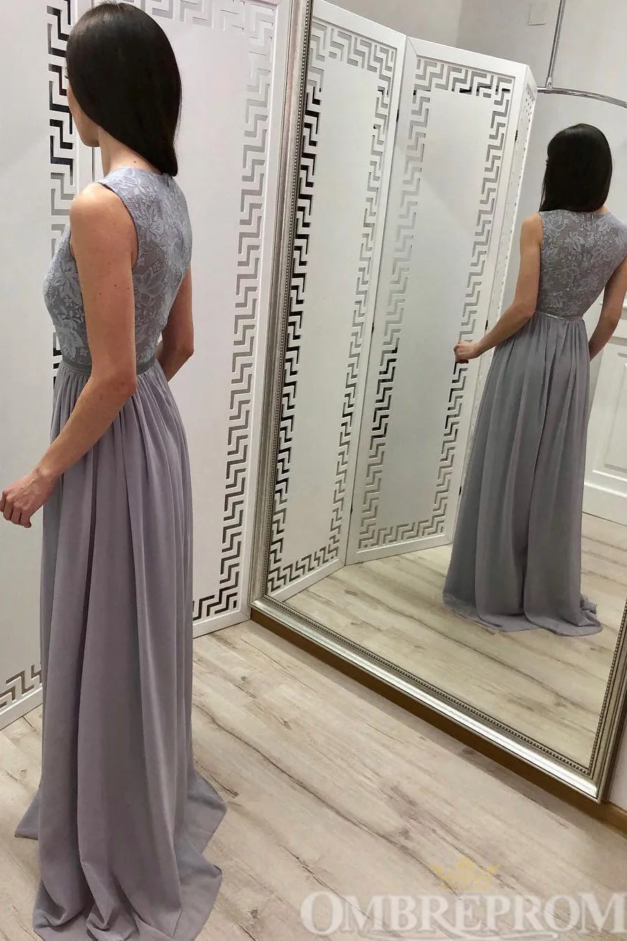 Simple Round Neck Lace Top Sleeveless Long Prom Dresses