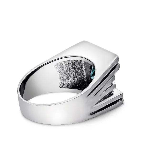 Solid 10K White GOLD Mens Ring REAL with Blue Topaz and GENUINE DIAMONDS