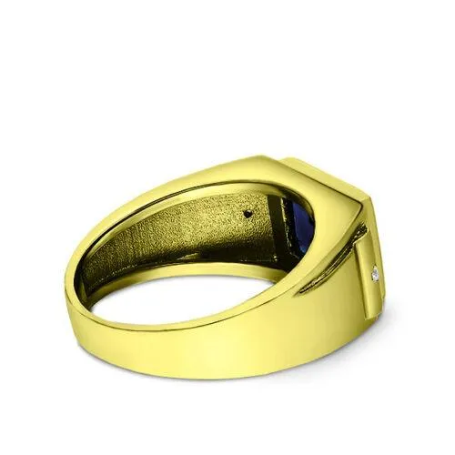 Solid 18K Yellow Gold Blue Sapphire Men's Ring 2 Diamond Accents Artistic Jewelry