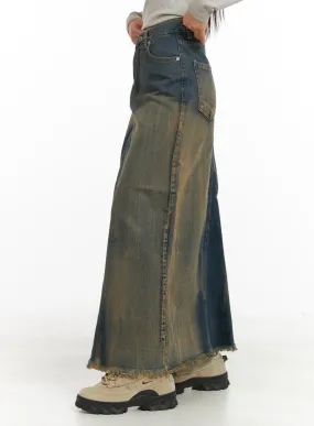 Vintage Washed Denim Maxi Skirt CA415